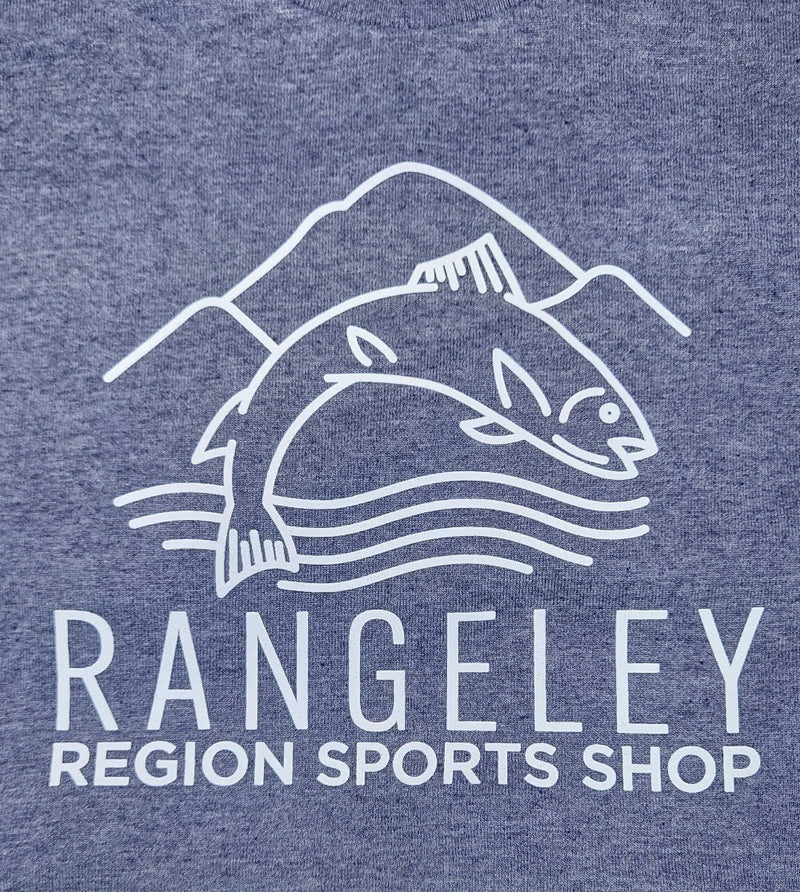 white design of jumping trout on blue shirt with Rangeley Region Sport Shop