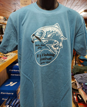 A blue short sleeve t shirt with white fish "White Nose Pete Fly Fishing Festival" wording