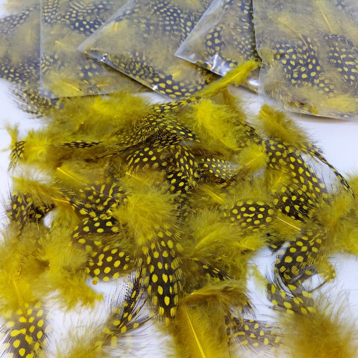 Loose guinea fowl feathers, bright yellow with black dotted pattern