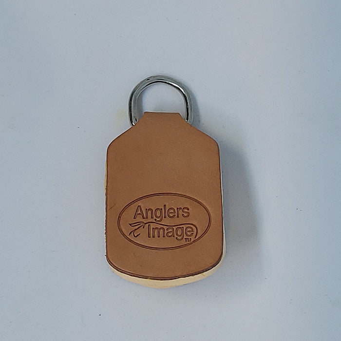 Brown leather-style fly dryer with metal keyring and oval logo patch