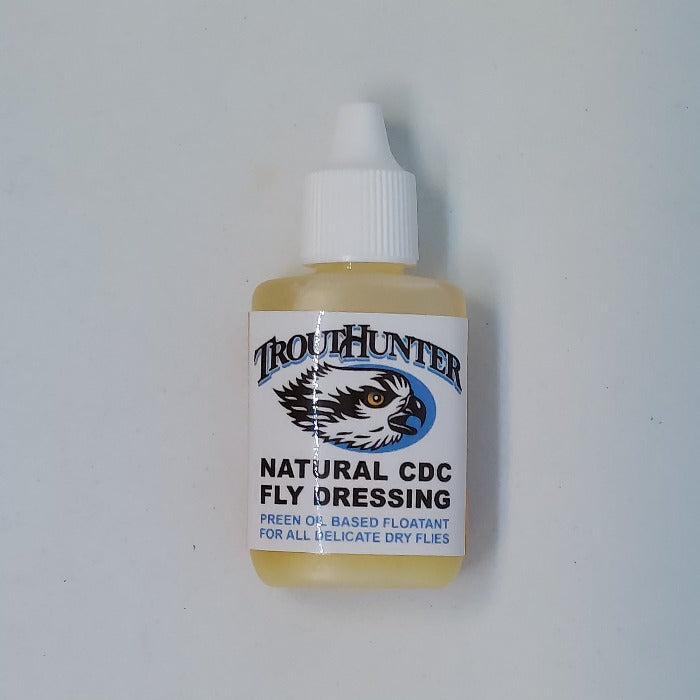 Natural CDC fly dressing bottle with white cap, Trouthunter label