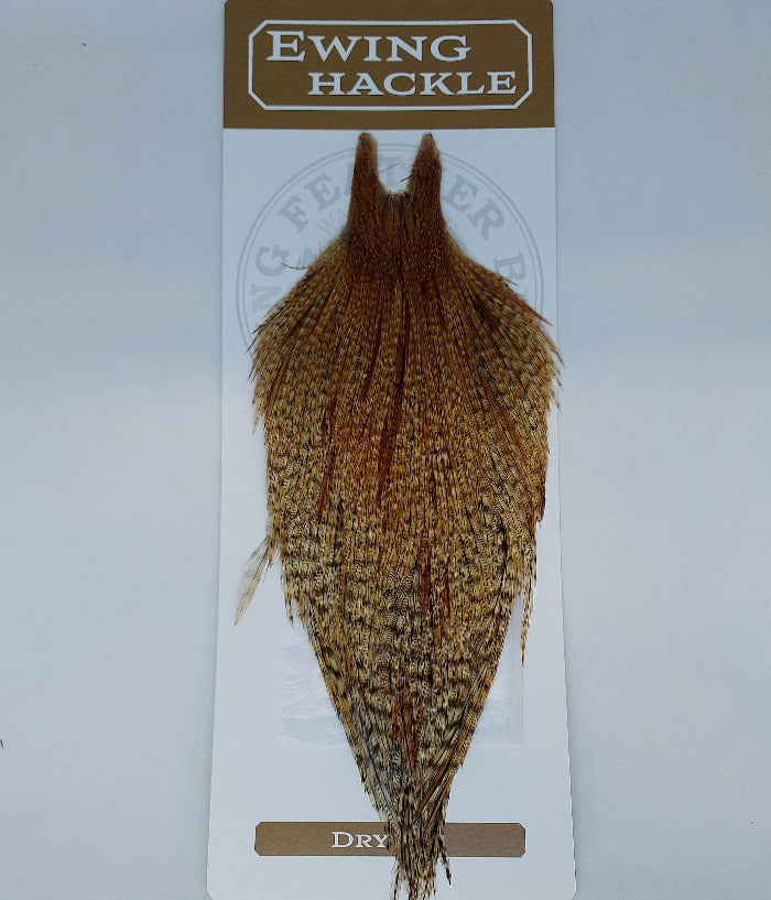Barred ginger dry fly cape, brown and tan barred feathers, pointed shape