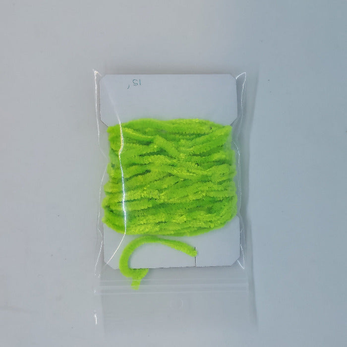 Chenille yarn bundle in chartreuse green, tightly looped in clear packaging