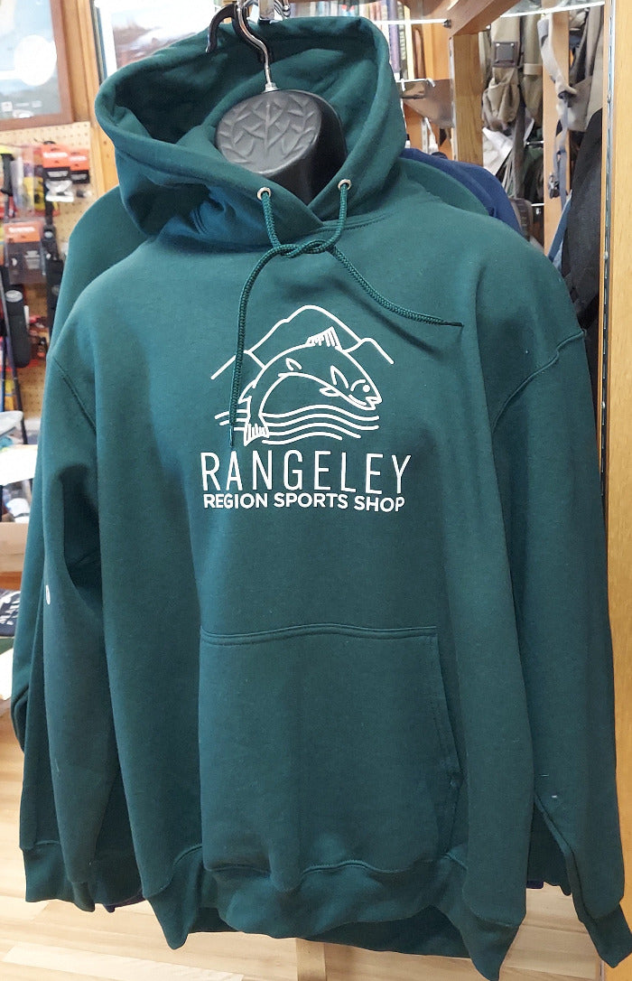 a dark green hoodie sweatshirt with the Rangeley Region sport Shop logo