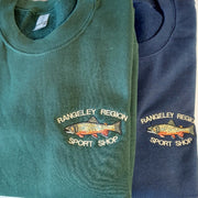 Embroidered sweatshirt pair: forest green and navy with brook trout logo on chest