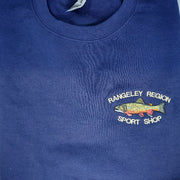 Navy embroidered sweatshirt with brook trout logo on chest