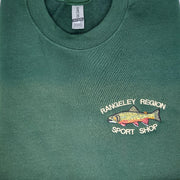Forest green embroidered sweatshirt with brook trout logo on chest