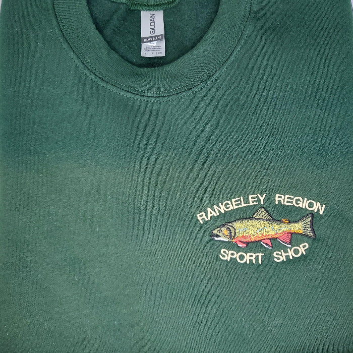 Forest green embroidered sweatshirt with brook trout logo on chest