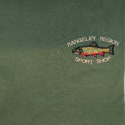Green embroidered Brook trout T-shirt with Rangeley Region Sport Shop logo