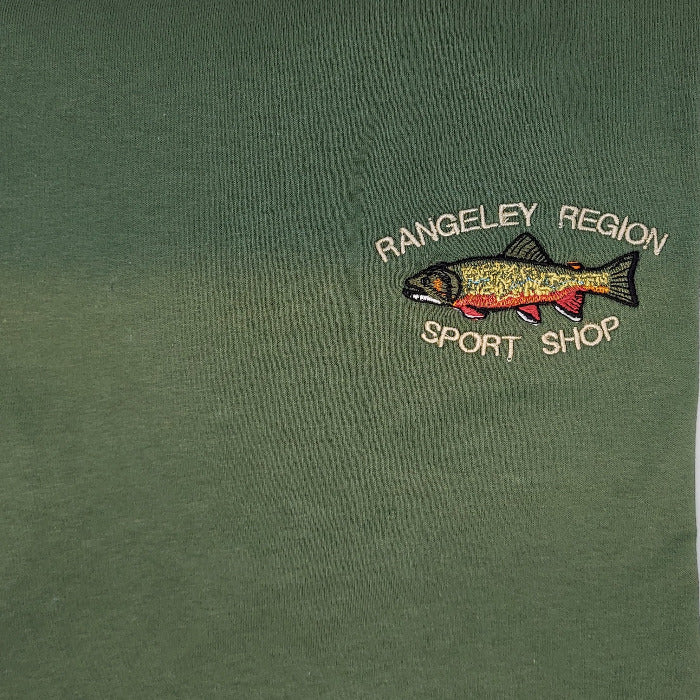Green embroidered Brook trout T-shirt with Rangeley Region Sport Shop logo