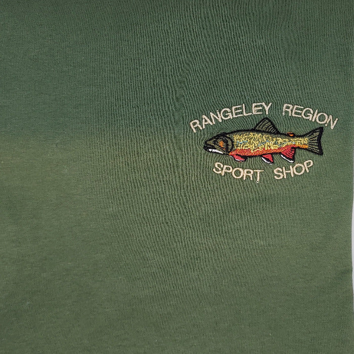 a green tshirt with embroidered brook trout design