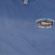 Blue embroidered Brook trout T-shirt with Rangeley Region Sport Shop logo