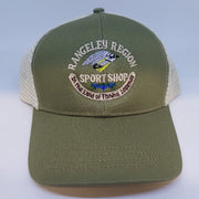Olive logo trucker hat with white mesh side panels and embroidered front patch