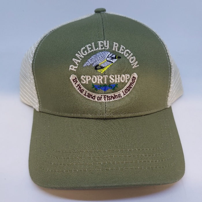 Olive logo trucker hat with white mesh side panels and embroidered front patch