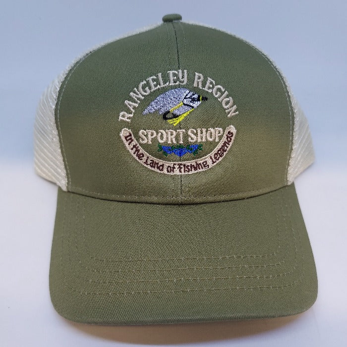a green and cream Econscious trucker hat embroidered with shop logo