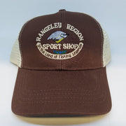 Brown logo trucker hat with cream mesh side panels and embroidered front patch