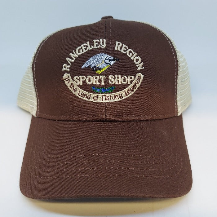 Brown logo trucker hat with cream mesh side panels and embroidered front patch