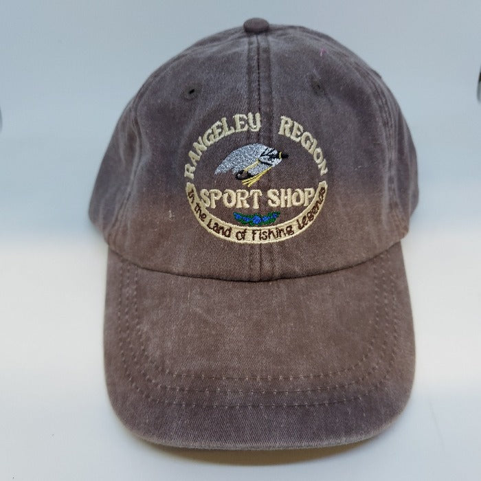 Charcoal-brown logo trucker hat with embroidered front patch and vented mesh side panels