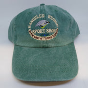 Green logo trucker hat with embroidered front patch and vented mesh side panels