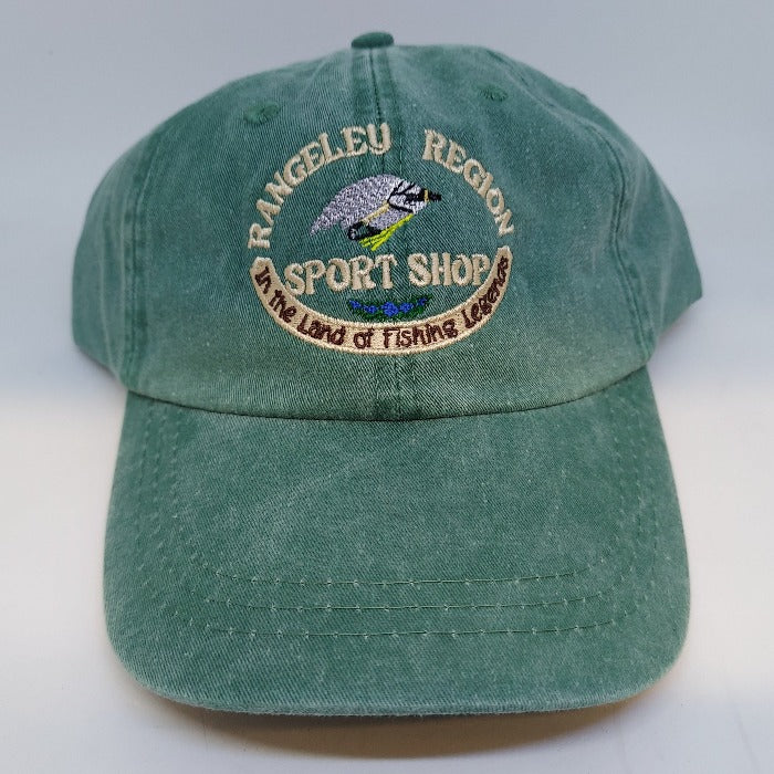 Green logo trucker hat with embroidered front patch and vented mesh side panels