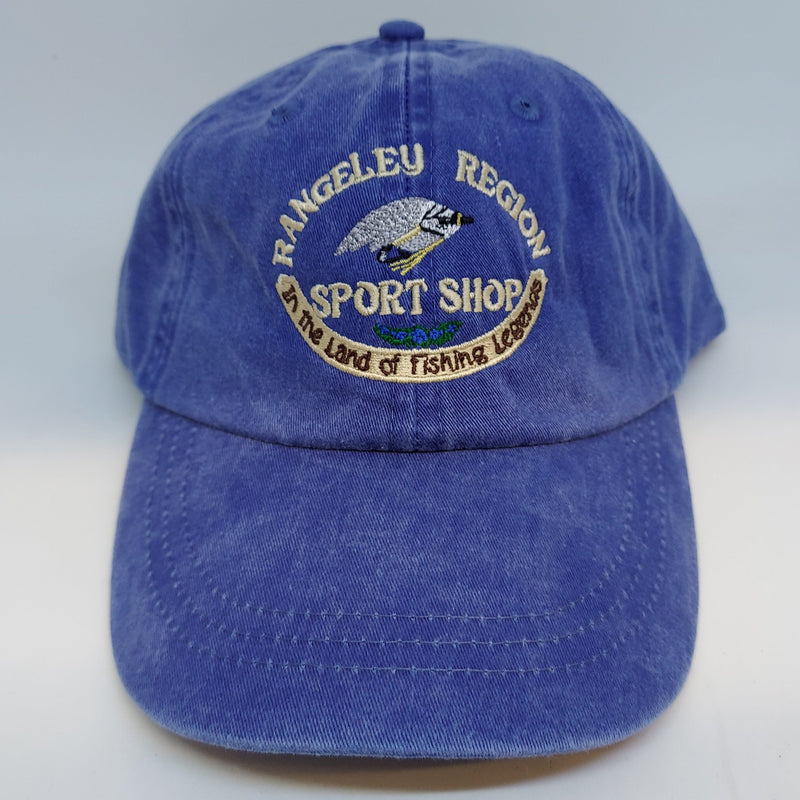 Blue logo trucker hat with embroidered front patch and vented mesh side panels