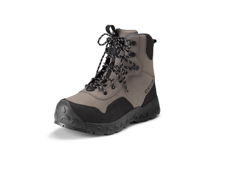 Orvis Clearwater wading boot, gray upper, black laces and pull tab, dark rubber outsole tread