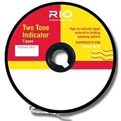 Fishing tippet line spool with two-tone indicator markings, red and yellow label