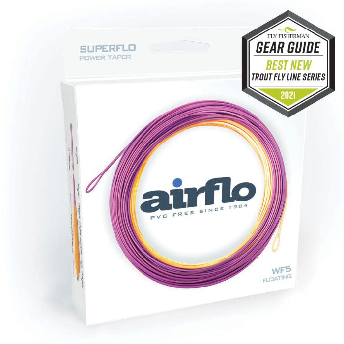 Airflo Superflo Power Taper fly line, coiled purple with yellow core, in retail package