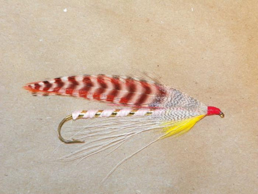 pink lady #2 8x long from Rangeley Maine fly fishing shop colored feather wing flanked by grizzly, pink and gold body, yellow throat, red head