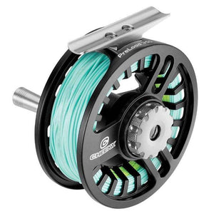 The cheeky 350 fly reel with green backing and light blue line and loop to loop leader
