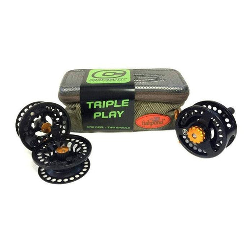 A Cheeky Tyro fly fishing reel with two spools and a fishpond reel case for storage.