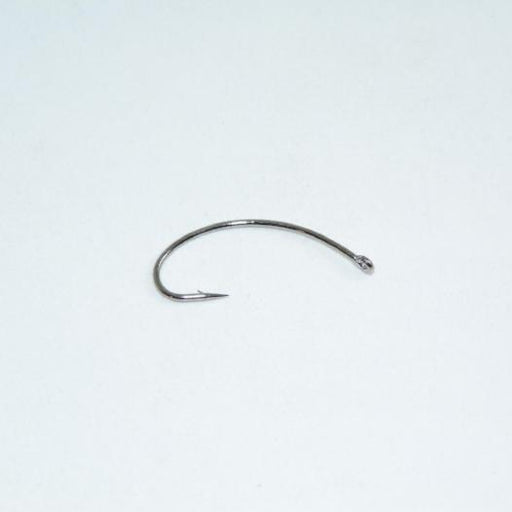 a hook Designed by Hans Van Klinken,  curved shank, wide gape, slightly heavy wire, straight-eye, bronze used for Klinkhamers, emergers, caseless caddis nymphs & gammarus patterns