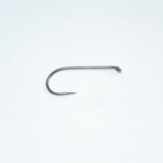 a Daiichi fly fishing hook with Round bend, standard shank length, down-eye, bronze, barbless  USES: traditional dry flies