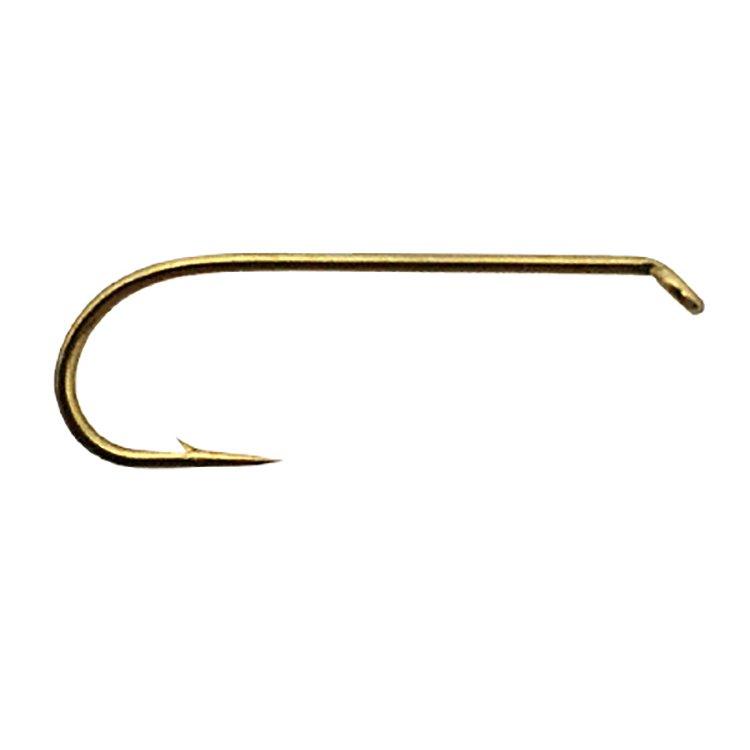 Daiichi 1280 dry fly hook, gold-colored curved hook with sharp barb