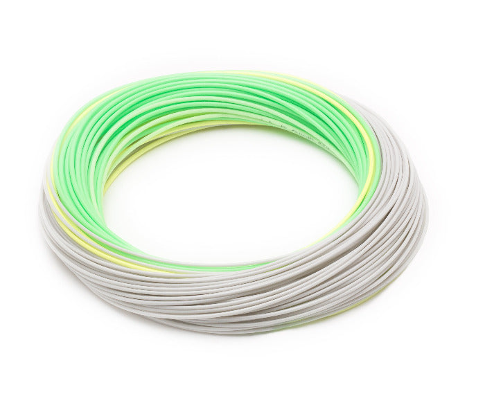 Coiled fly line with pale green and gray stripes