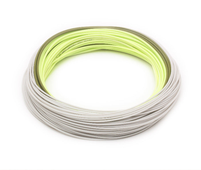 Fly line spool with lime green loops and gray outer coating