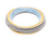 Coiled fly line with sky blue, peach, and gray layers
