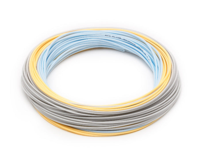 Coiled fly line with sky blue, peach, and gray layers