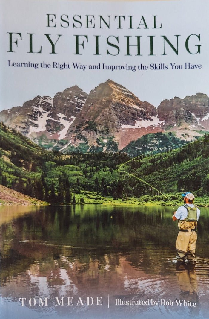 Fly fishing book cover with angler by lake, mountains backdrop, Tom Meade title text