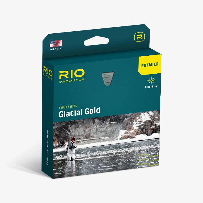 Glacial Gold fly line retail box, green Premier packaging with gold accents