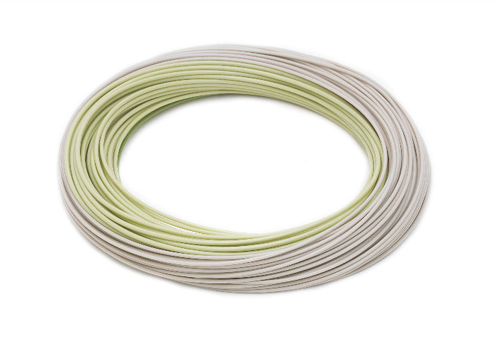 Light green and off-white fly line coil with looped strands