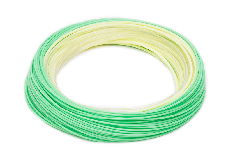 Green and pale yellow fly line coil