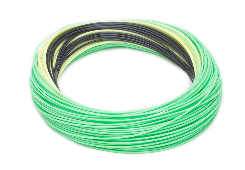 Green fly line coil with dark gray underlayers