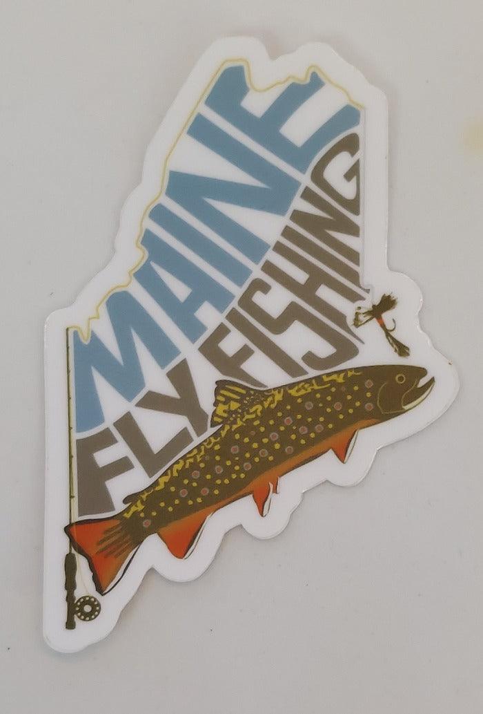Reclaimed Maine fly fishing sticker with 'MAINE FISHING' text and trout illustration