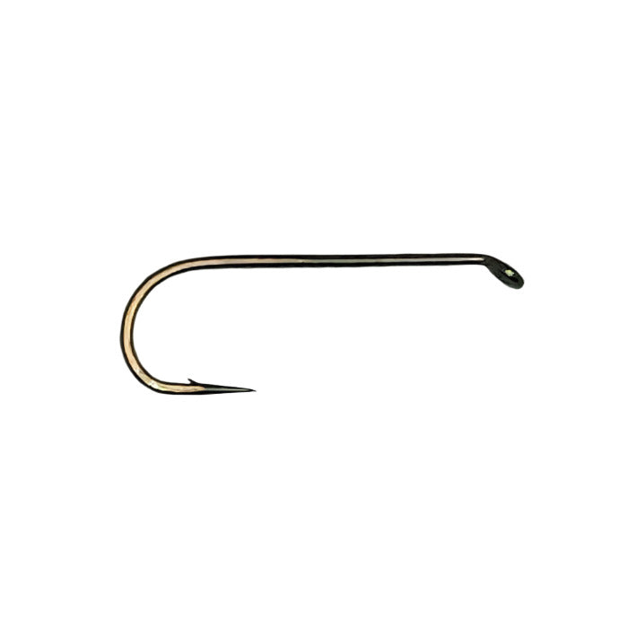 Bronze fly fishing hook with curved eye, barbed tip