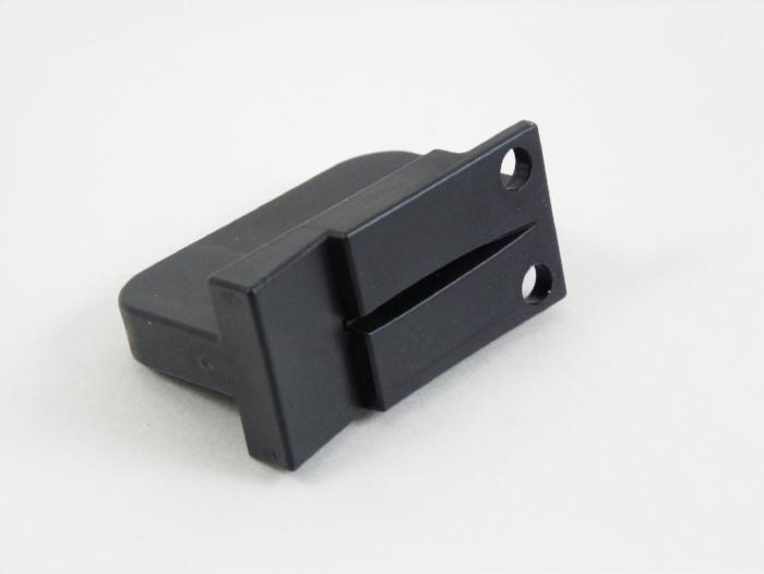 Magnetic fly/tippet threader tool, dark plastic body with two prongs/slots