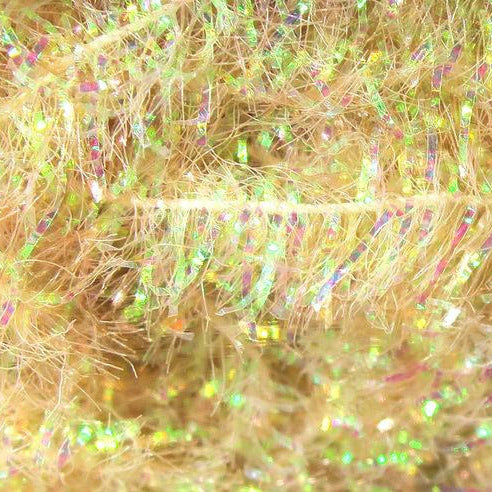 Hareline Krystal Flash chenille, light gold strands with rainbow holographic spark