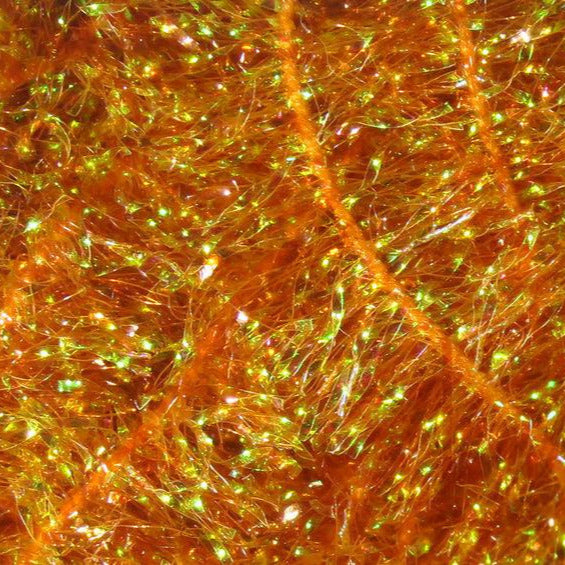 Hareline Krystal Flash chenille, orange with golden and green holographic flecks