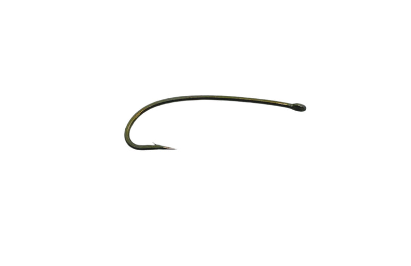 Fishing hook with dark green wire, curved shape, barbed point