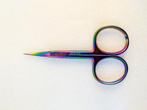 Dr. Slick 4" Prism scissors for fly tying with a Titanium Nitride coating on the entire scissor. The coating creates a harder blade surface and thus makes these scissors ideal for synthetic materials. The finish is a unique swirl of red, green, blue and orange